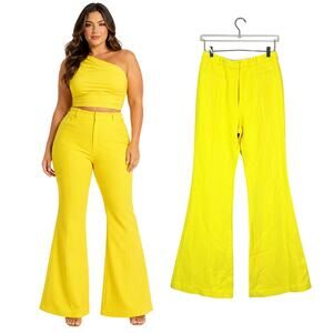NEW Alexis | Lyla High Rise Soleil Yellow Textured Flare Designer Pants Large